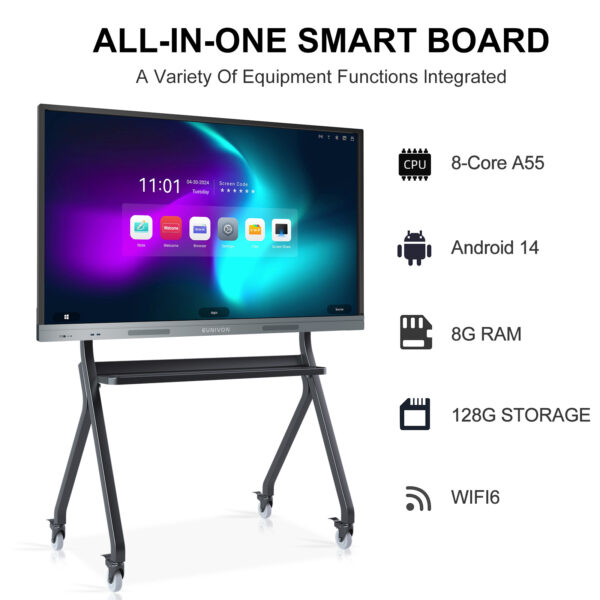 smart board, 55'' 4k uhd electronic whiteboard, 8 core cpu, 8gb ram and 128gb rom digital whiteboard, smart board for classroom and business ev5