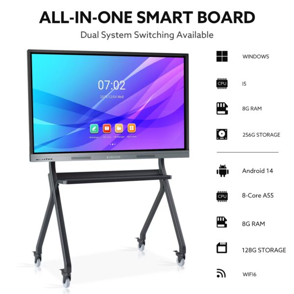 eunivon smart board, 4k uhd interactive whiteboard, touch screen smart whiteboard, dual system smartboard for classroom and business (wall mount included)