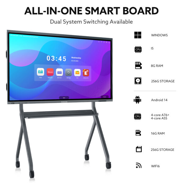 smart board, 4k uhd digital whiteboard,dual system, touch screen electronic whiteboard, smart board for classroom and business (16+256g) (wall mount included)