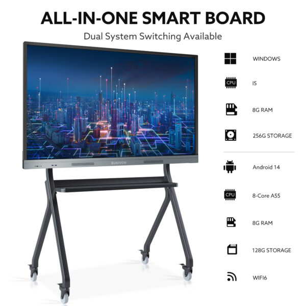 smart board, 4k uhd interactive whiteboard, dual system interactive touch screen smart whiteboard, smartboard for classroom and business (stand not included)