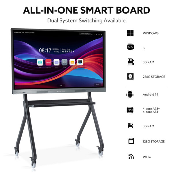 smart board, 4k uhd electronic whiteboard, dual system, smart board for classroom and business(wall mount included)