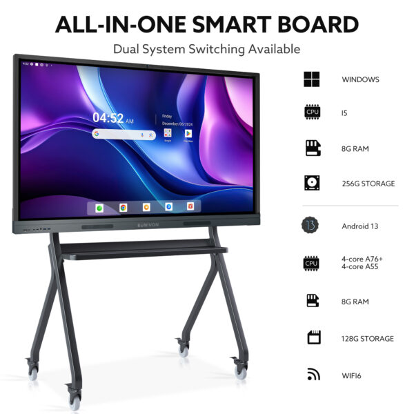 smart board, dual system,4k uhd digital whiteboard, edla certified touch screen electronic whiteboard with 48mp ai camera, smart board for classroom and business
